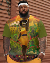 Men's Plus Size Street Black History Month Graffiti Short Sleeve Shorts Set